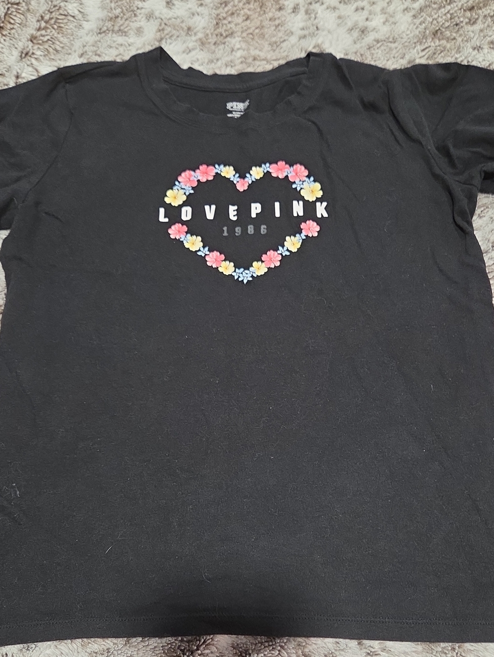 PINK Victoria's Secret Love Pink Black Floral Heart Graphic Tee